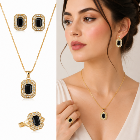 Noir Regal Onyx-Style Suite (Necklace, Earrings & Ring)