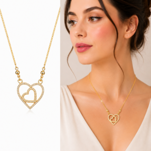 Double Heart Pave Gold Pendant Necklace