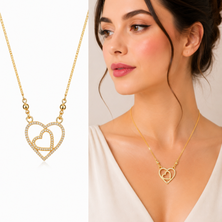 Double Heart Pave Gold Pendant Necklace