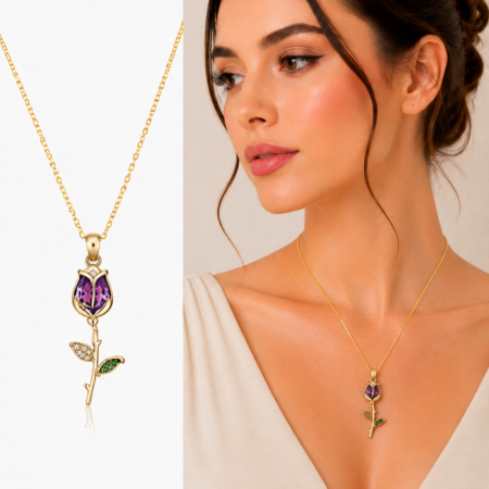Amethyst Tulip Flower Gold Necklace