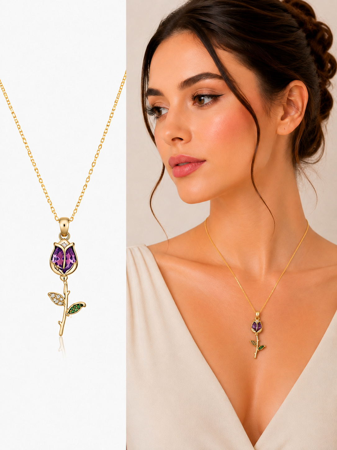 Amethyst Tulip Flower Gold Necklace