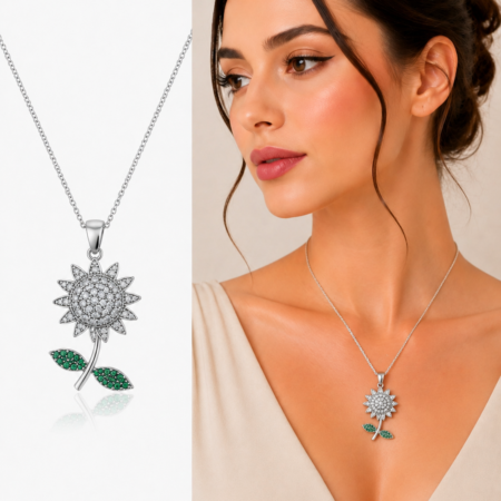 Sparkling Silver Sunflower Pendant